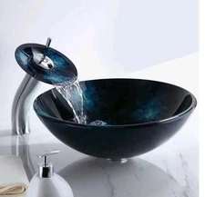 Tempered Glass Round Vessel Dark Blue Bathroom Sink Waterfall Faucet PopUp Drain