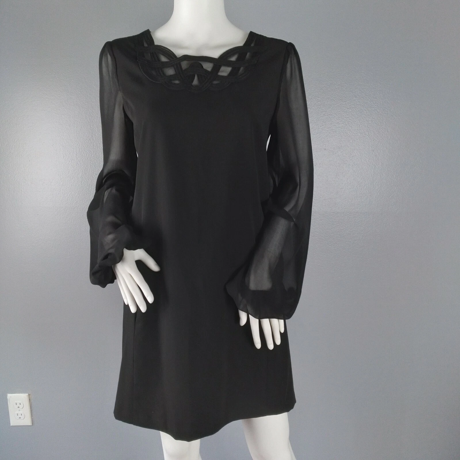MESHKI LAVANDERIA abito donna tubino taglia 6 nero foderato con maniche a palloncino trasparenti LBD