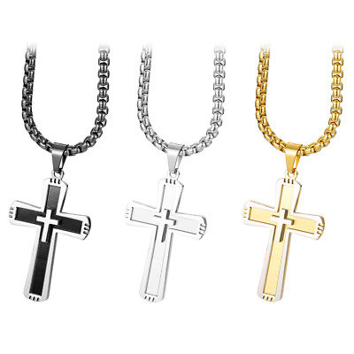 Men Women Stainless Steel Cross Prayer Pendant Chain Necklace Religious Gift
