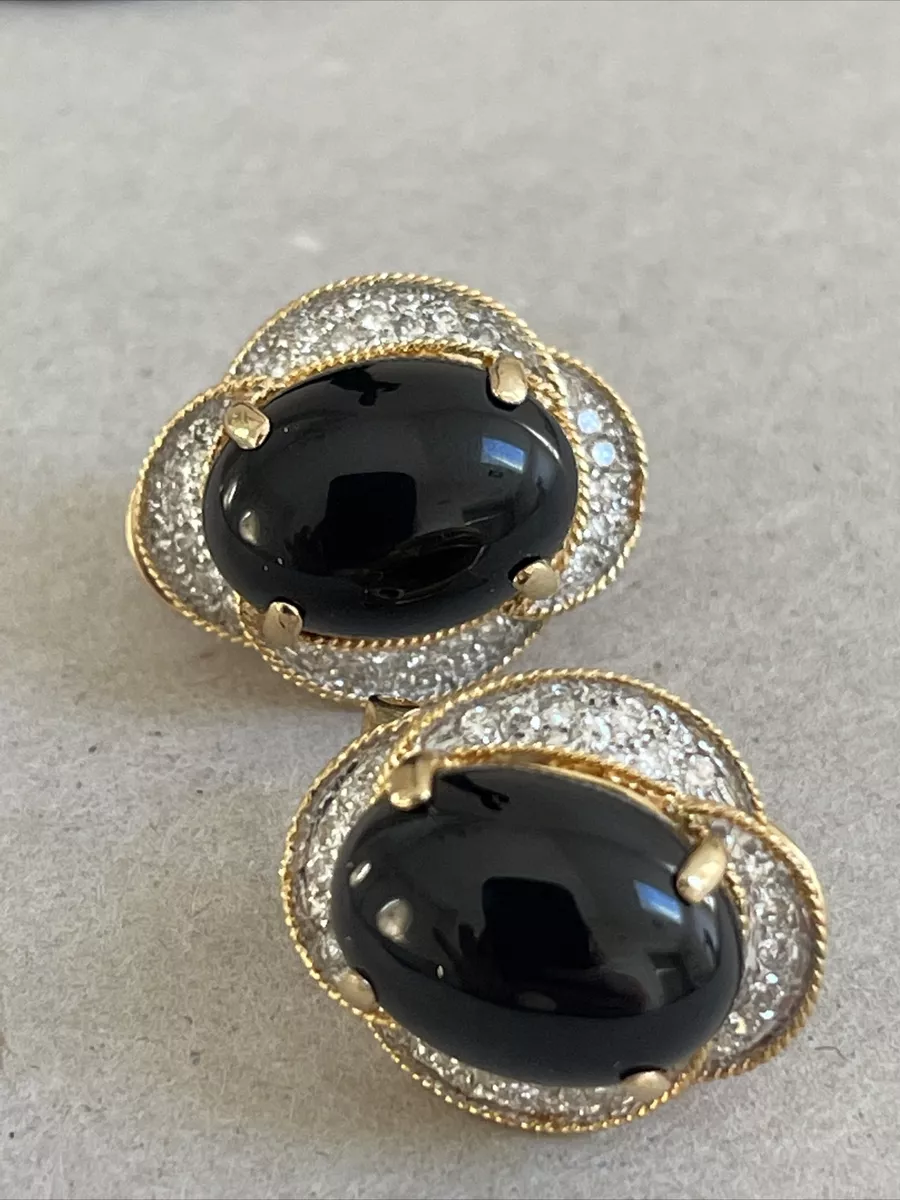 Vintage Classic 14k Yellow Gold Black Onyx Pave Diamond Earrings