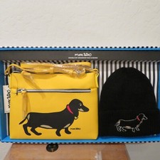Marc Tetro Dachshund Yellow Double Zip Crossbody Bag & Beanie Hat Decorative Box