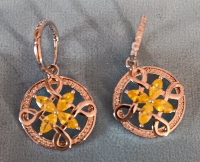 Sismiurra 925 Dilver Earrings Yellow Rhinestones Flower Circle Pierced