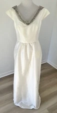 Alfred Sung Size 6 White Satin V-Neck Embellished Long Gown Bridal Read*