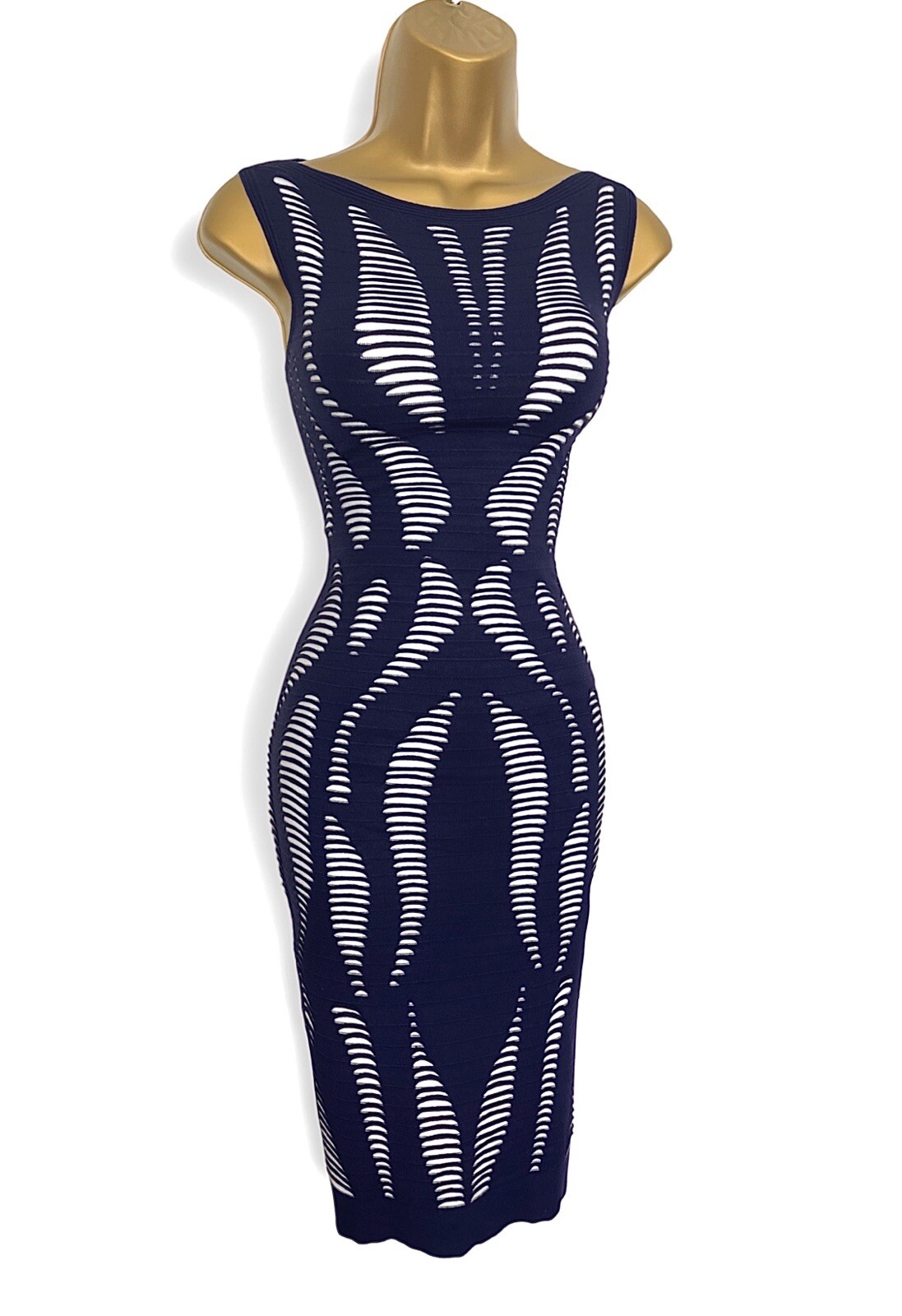 Karen Millen 2 UK 10 12 STUNNING FINE KNIT CUTWORK JUMPER DRESS NAVY