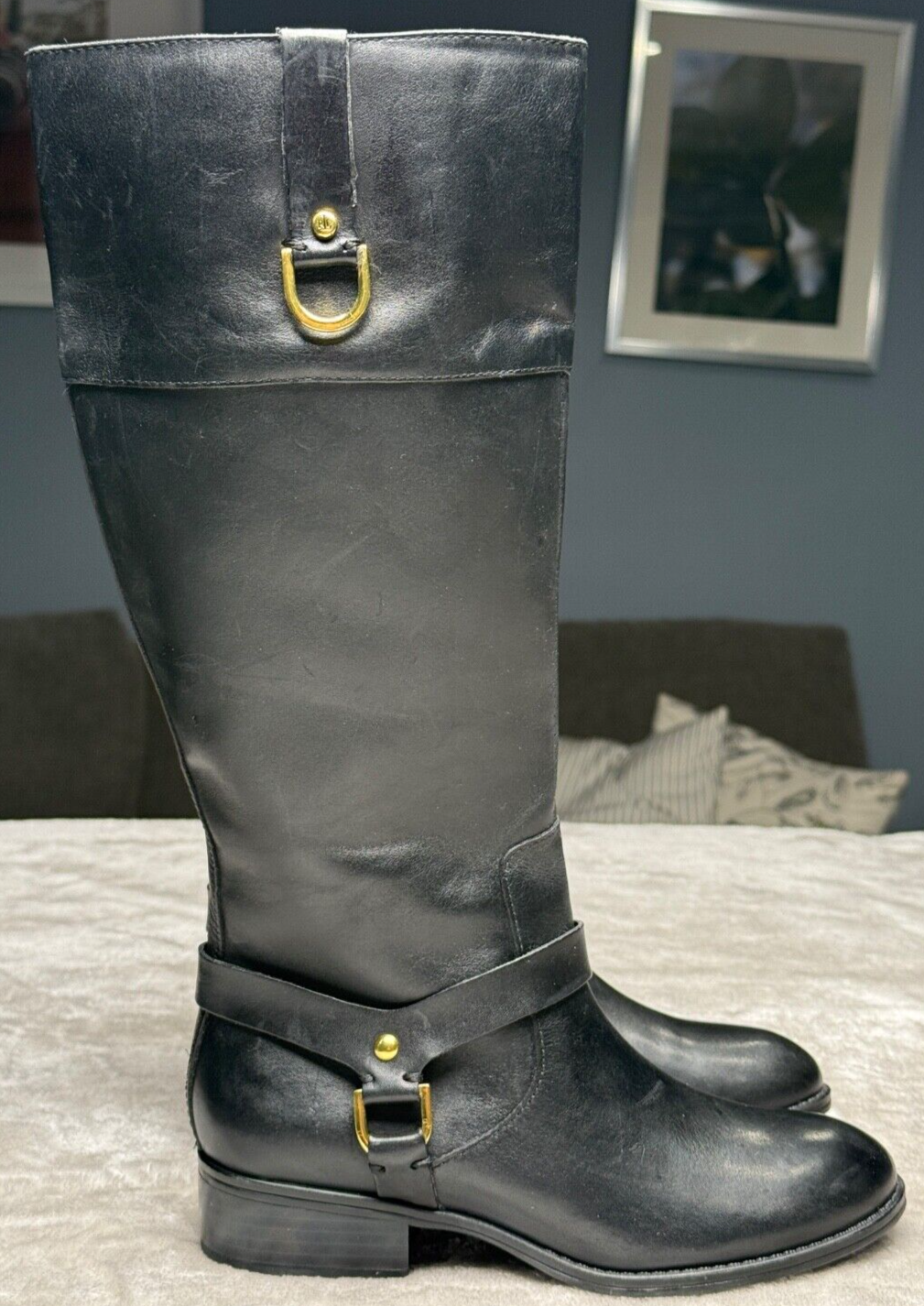Ralph Lauren Mesa Black Leather Riding Gold Tall Equestrian Boots Womens Size 5