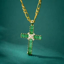 Dazzling White Blue Topaz Green Quartz Gems Gold Plated Cross Pendant Neckalces