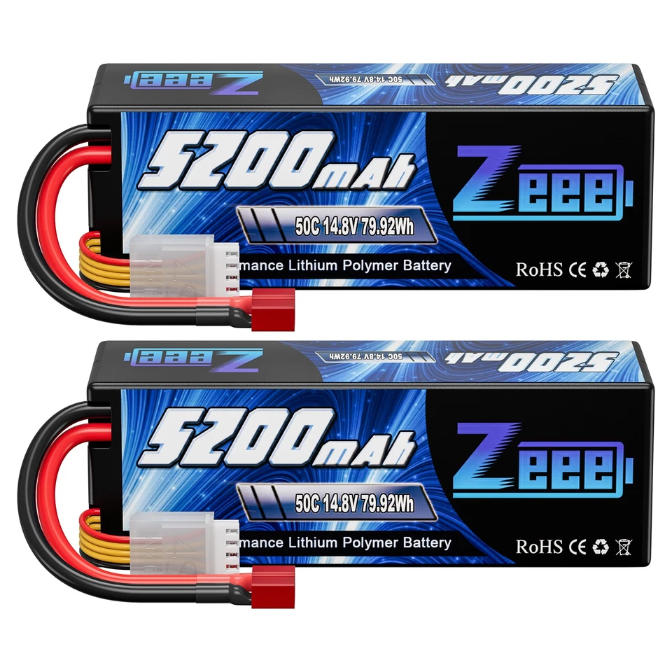 2x Zeee 14.8V 5200mAh 4S Lipo Akku T Stecker 50C für RC Auto Flugzeug Boats Heli