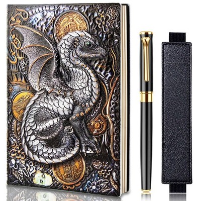 FEIDIAO Vintage Embossed Leather Notebook Flying Dragon DND Fly Dragon, black