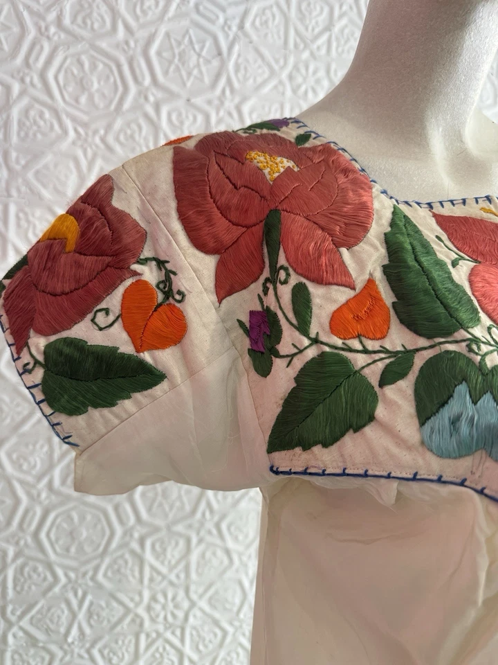 Top antiguo mexicano bordado vintage-floral-china poblana-folk-blusa-seda Foto 4 de 4