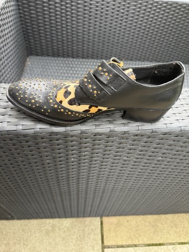 Office UK 6 Boot Shoes Double Buckles Black & Leopard Print Studded 1” Heel - Picture 12 of 12