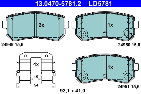 Hinterachse ATE 13.0470-5781.2 Bremsbelagsatz, Scheibenbremse FüR Hyundai,Kia-image