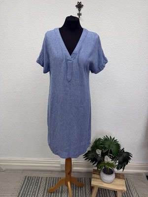 Marks & Spencer Kleid Größe 12 UK Leinenmischung Ärmellos Sommer Urlaub Blau