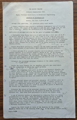 1958 Mander College, Festigkeit der Materialien Prüfung Ingenieurarbeit
