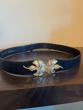 Judith Lieber Black Leather Belt with Rhinestone Leaf Buckle