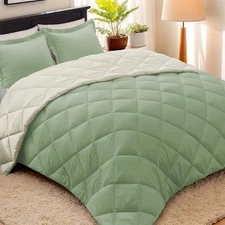  3pc Sage Green Queen Size Comforter Set-All Season Full/Queen Sage/Beige