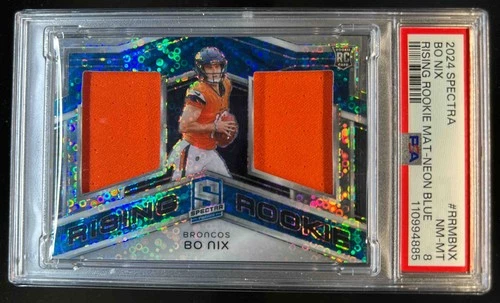 2024 Panini Spectra Bo Nix Rising Rookie Jersey Blue Neon RC #/50 Broncos PSA 8