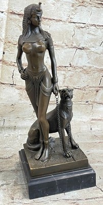 10.5'' '' Egyptian Queen Nefertiti,Cleopatra Enthroned Panther Bronze Statue Decor
