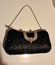 NWT Vintage Style Black Sequin Evening Clutch Bag - Crystal Rhinestone Clasp
