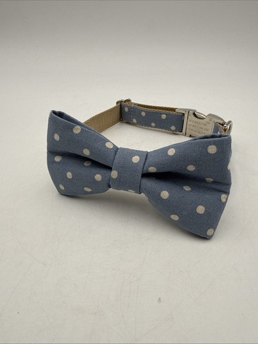 Blue & White Polka-Dot Dog Bow Tie Collar With Silver Buckle Size L By Crew Lala