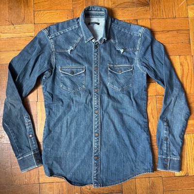 Balmain Decarnin Distressed Denim Button Up Shirt
