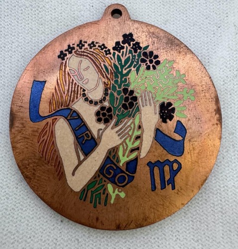 Vintage Cloisart 1970's 38mm Solid Copper Cloisonne Virgo Zodiac Pendant Charm