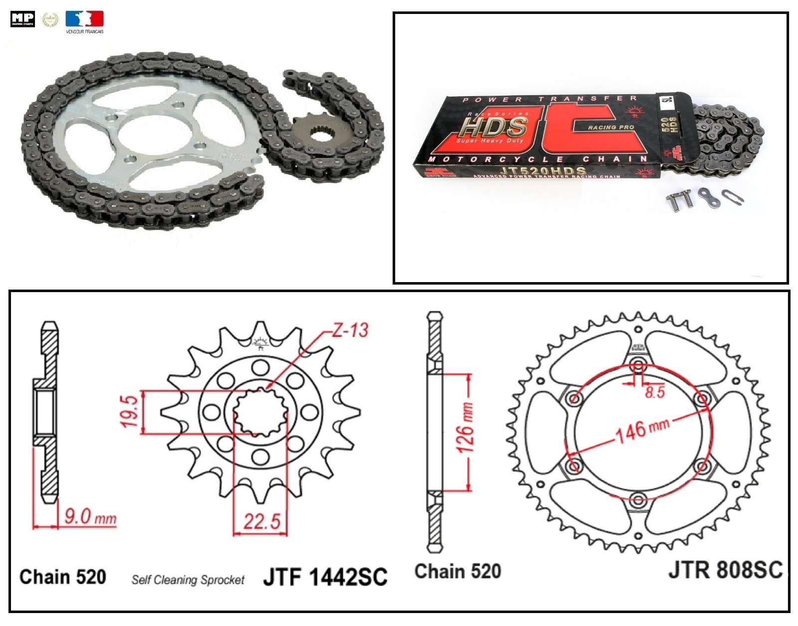 Kit chaine 520 pour Suzuki RM-Z 250 avec pignon 13 et couronne 49 dents
