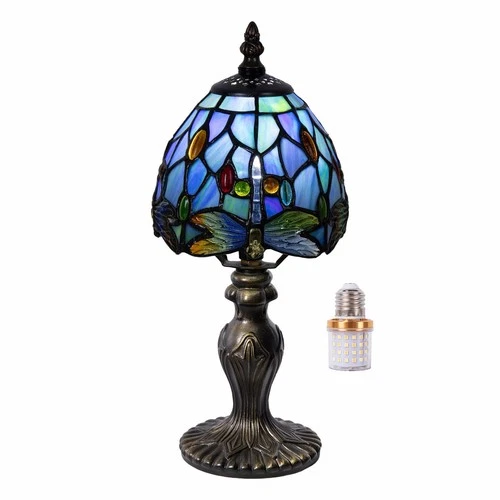 Small Tiffany Style Stained Glass Table Lamp,6in Blue Dragonfly 3-Color-Tempe...