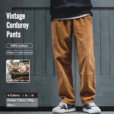 Maden Vintage Pants Straight Loose Casual Trousers with Elastic Waist Pockets