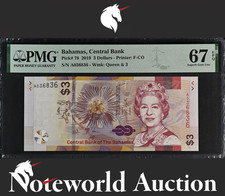 Bahamas Central Bank 3 Dollars 2019 P 78 UNC PMG 67 EPQ
