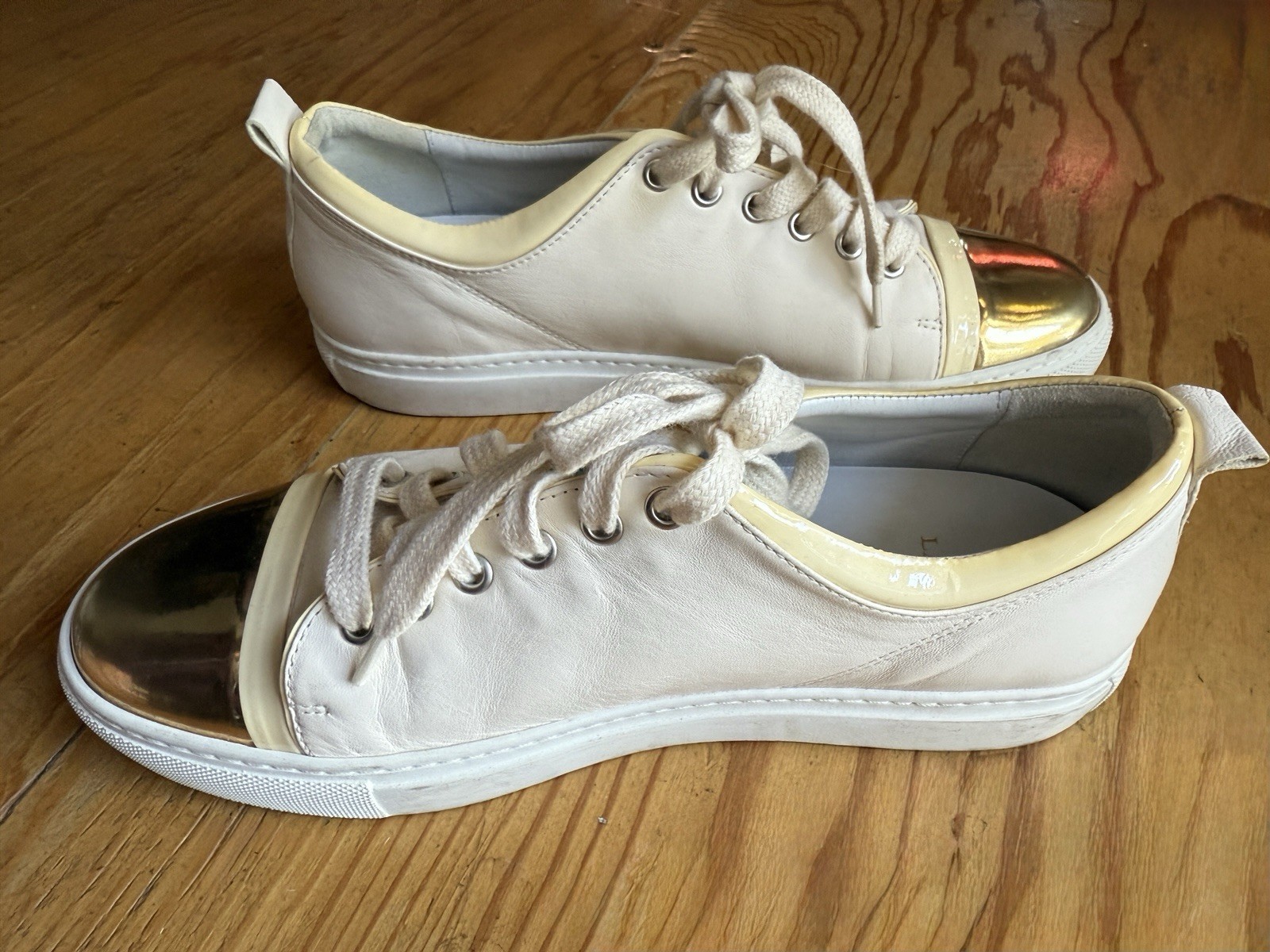 Lanvin Paris Gold Cap Toe Leather Sneakers Women’s Size 41 Cream Designer Shoes image 7