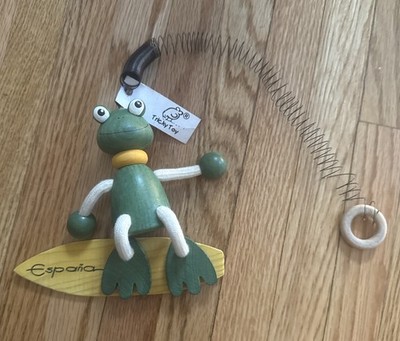 Kathe Wohlfahrt Wood Surfing Frog On Hanging Spring Bouncy Fun ''Espana'' 5'' NEW