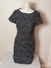 Banana Republic Black Blue Tweed Fringe Short Sleeve Wide Neck Shift Dress Sz 2