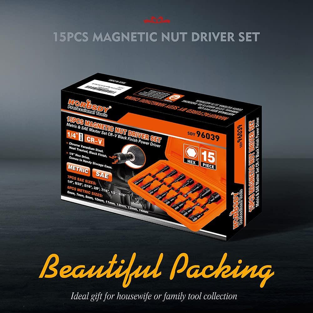 15-Piece Magnetic Nut Driver Set – Impact Power Hex Driver Bits, SAE & Metric, 1/4-Inch Quick-Change, Cr-V Steel – Master Kit For Drills & Impact Drivers