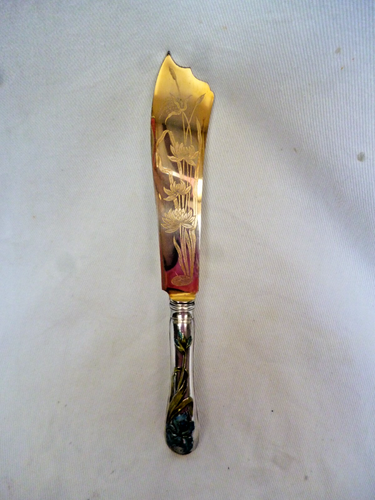 Jugendstil Kuchenmesser Silber Klinge vergoldet Seerosen Iris Griff Emailmalerei - Bild 2 von 12