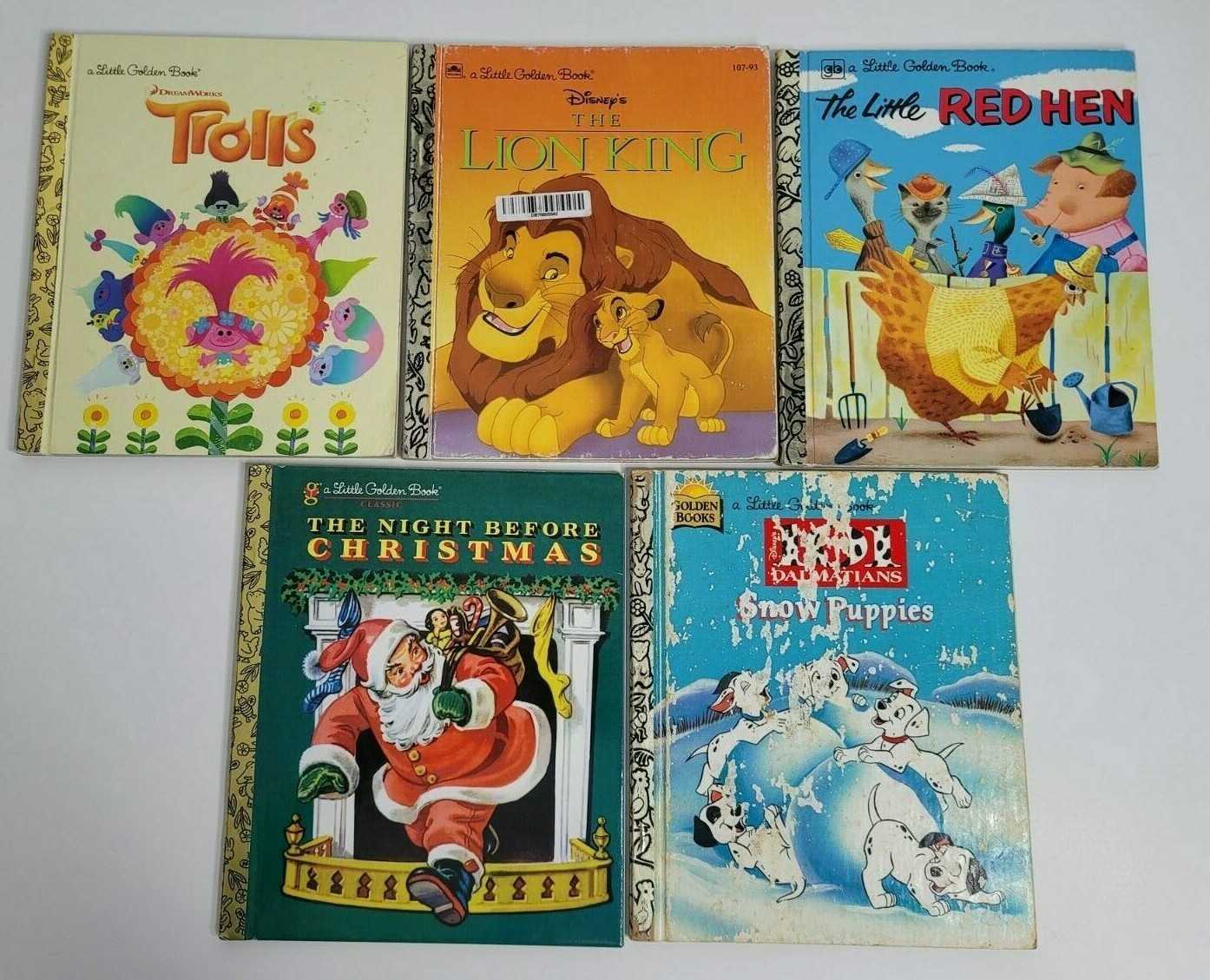 5 GOLDEN Books Lot Christmas Little Red Hen Lion King Trolls 101 Dalmations
