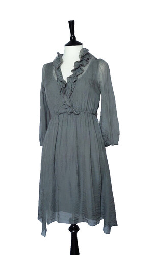 o NWT Phase Eight Size M Silk Chiffon Dress Grey Made in Italy Sheer Long Sleeve