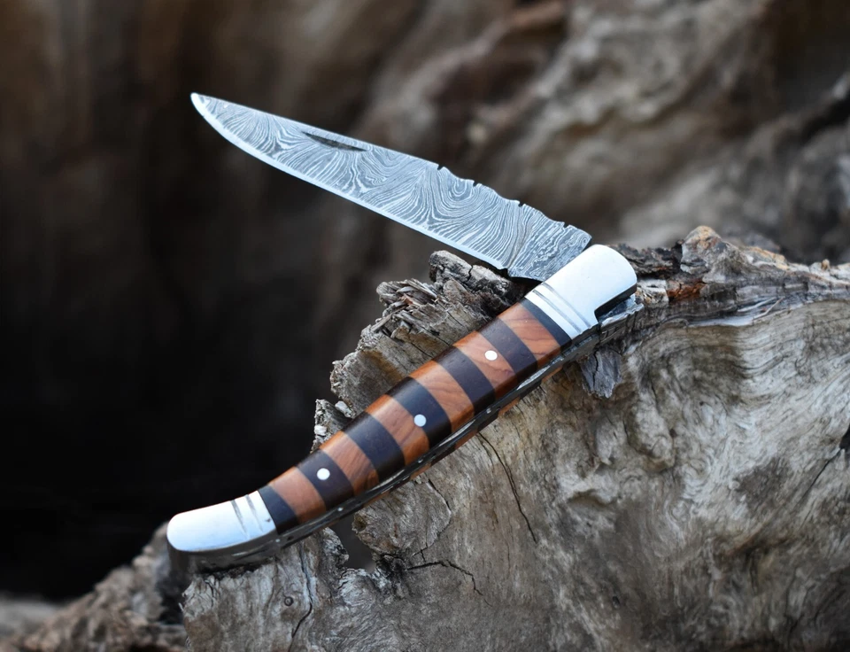 Damasco Cuchillo Plegable Hecho a Mano Cuchillo de Bolsillo Camping Cuchillo de Caza con Bolsa Foto 4 de 4