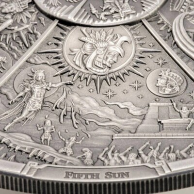 AZTEC FIVE SUNS Ages of Man Creation of World 3 Oz Silver Coin $20