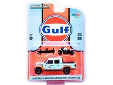2020 JEEP GLADIATOR RUBICON PICKUP "GULF" W/MOTORCYCLE 1/64 BY GREENLIGHT 51524