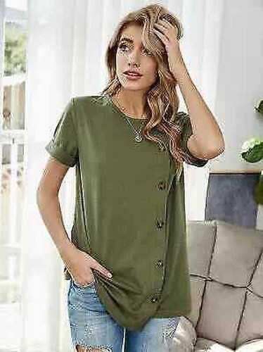 T-Shirt Femme Chemise Chemisier Élégant Vert Militaire Manche Courte