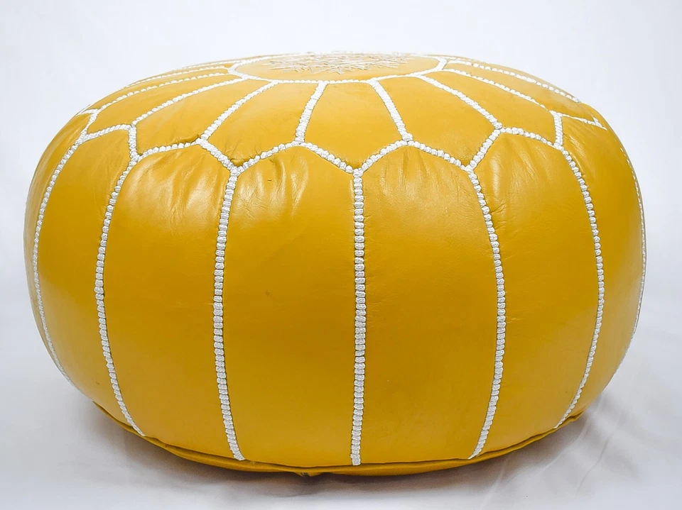 Yellow Moroccan Leather Pouf – Handmade Ottoman – Premium Genuine Leather - Image 3 of 4