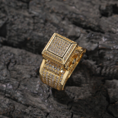 Hip Hop Full 5A Zircon Square Casting Rings 18K Real Gold Plated Jewelry for Men