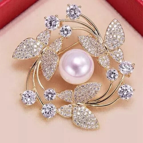 Real Moissanite 3Ct Round Cut Butterfly Wreath Brooch Pin 14K Yellow Gold Plated - Picture 6 of 7