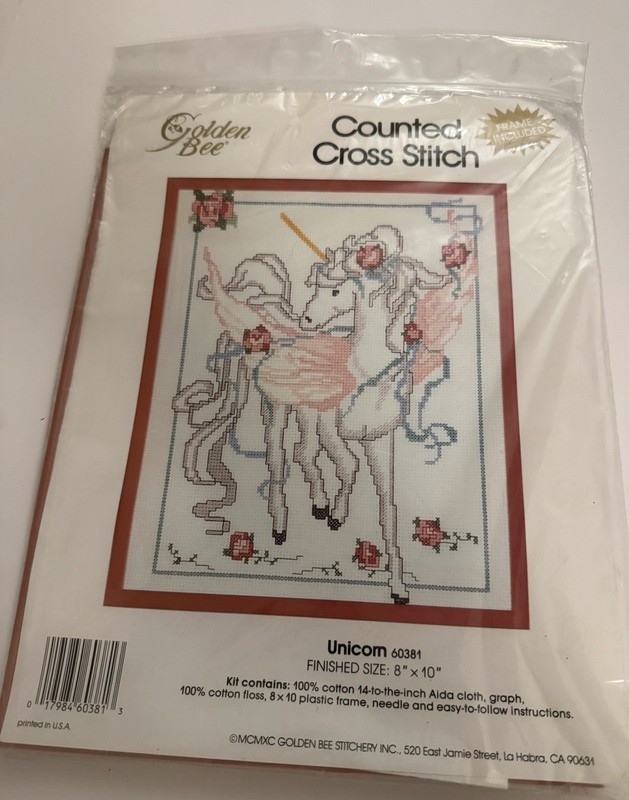 Vintage Golden Bee Unicorn Counted Cross Stitch Kit with Pink Frame