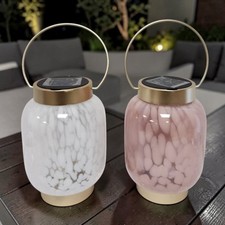 Solar LED Glass Lantern Outdoor Garden Hanging Table Light White Pink