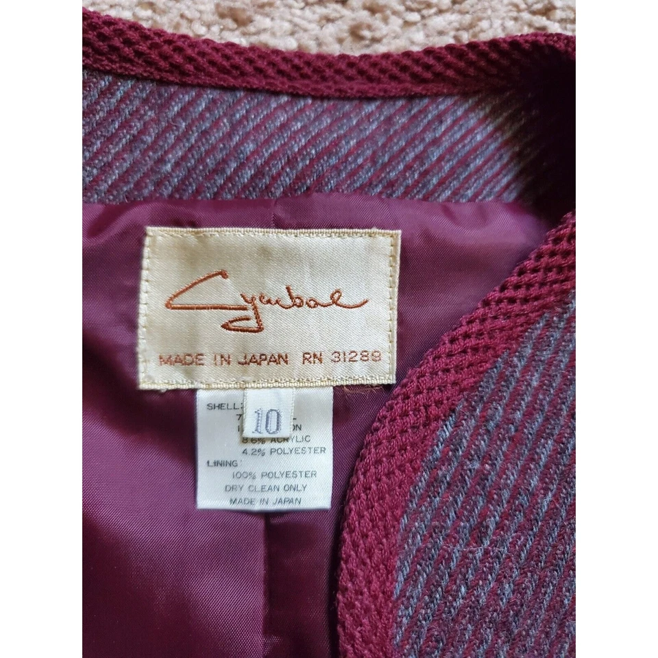 铙钹日本复古羊毛栗色/紫色 2 件套裙子和夹克套装,尺寸 S — 第 2/4 张图片