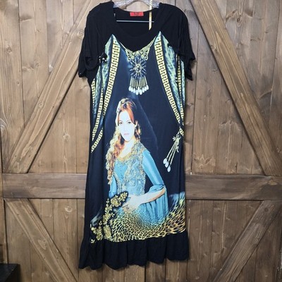 K.M. SOHA Women s XL Maxi Dress Black Gold Portrait Graphic Boho Tunic Festival
