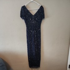 Pisarro Nights Beaded Mesh Column Gown Blue Short Sleeve Formal Size 2