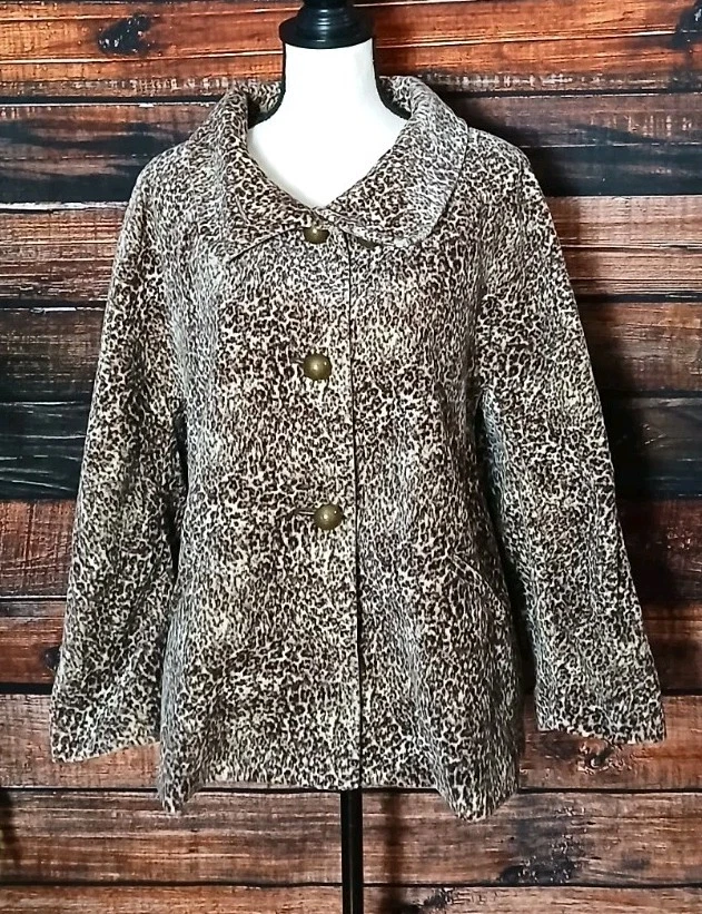 Talbots Jacket Size 16 Animal Print Velvet Swing Coat Button Front Pockets Lined - Image 3 of 4