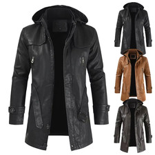 H Herren PU Ledermantel Lang Kapuze Winddicht Motorrad Winterjacke Mode Mantel